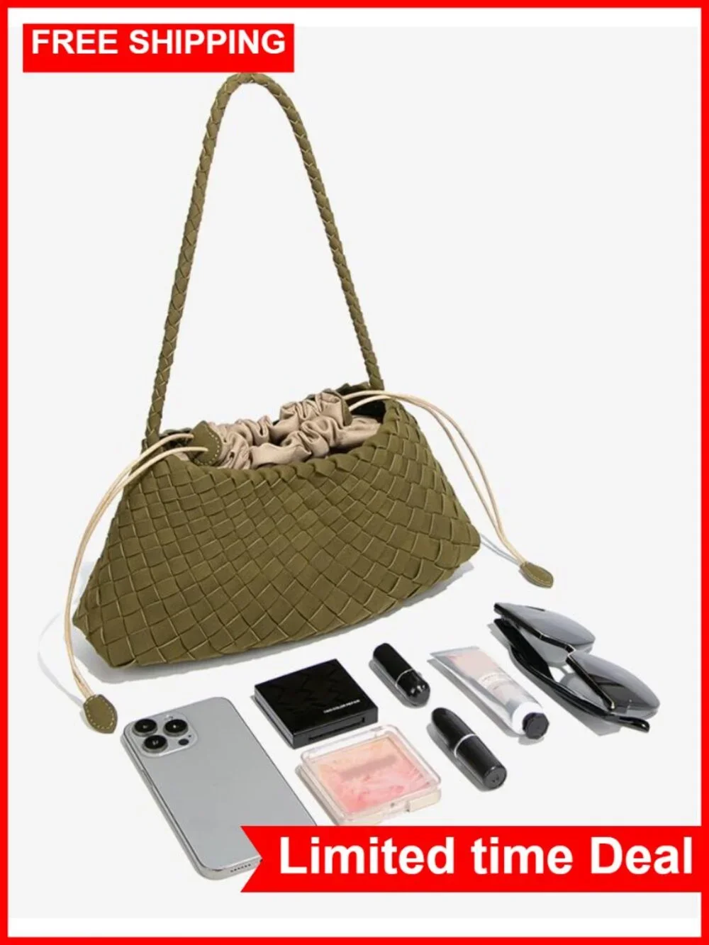 Woven Hobo Bag Women Suede Bucket Purse Shoulder Tote Handbag Faux Leather
